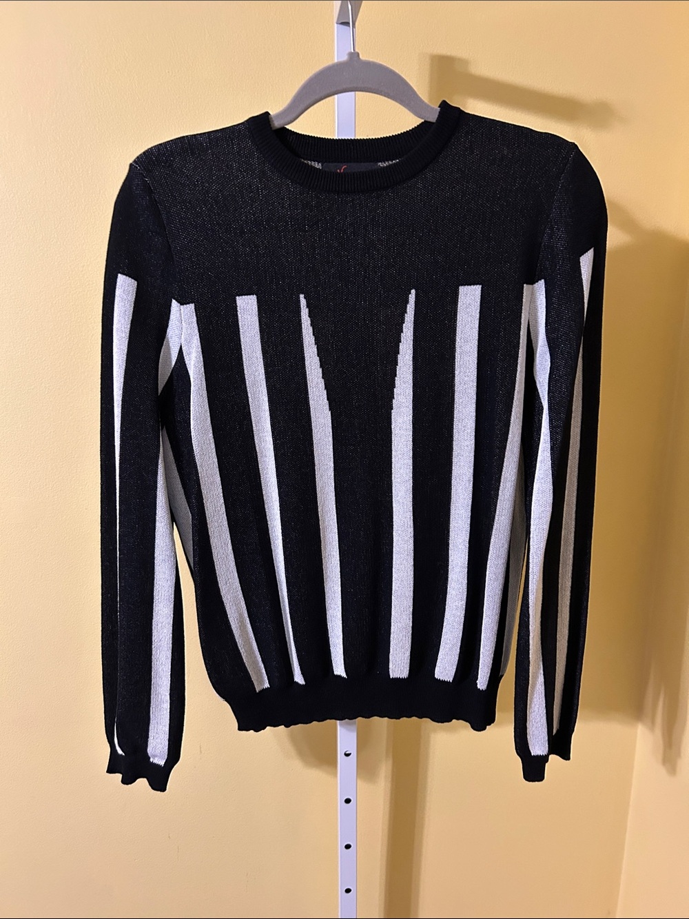 Women's Black Crewneck Sweater with White Vertical Stripes